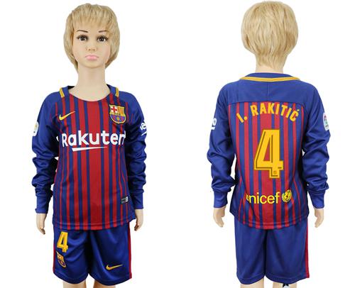 Barcelona #4 I.Rakitic Home Long Sleeves Kid Soccer Club Jersey - Click Image to Close